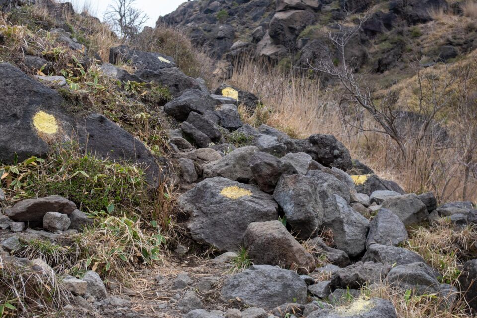 岩が多いコースだが、黄色いマークがつけてある