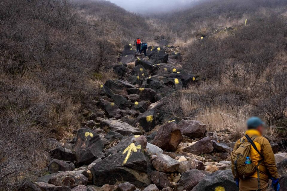 やっぱり黄色マークが多すぎる、笑。法華院温泉山荘から北千里ヶ浜までの岩場よりここは岩が大きくて攻略していくのが楽しかった。
