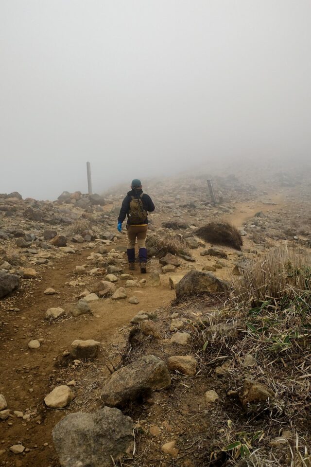 長い時間、避難小屋で天気の回復を待っていたけれど、全然状況は変わらず。今日はもう無理なのかもしれんな、でも昼ごろだけ晴れ予報だしそのうち回復するかもしれんしな、と諦めの気持ちとわずかな期待を抱きつつ、久住山を目指し少し進んでみることに。